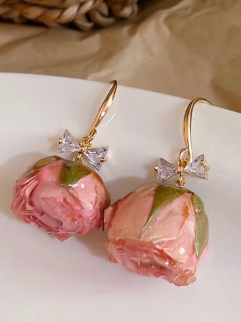 Gold Bow Pink Rose Drop Earrings by